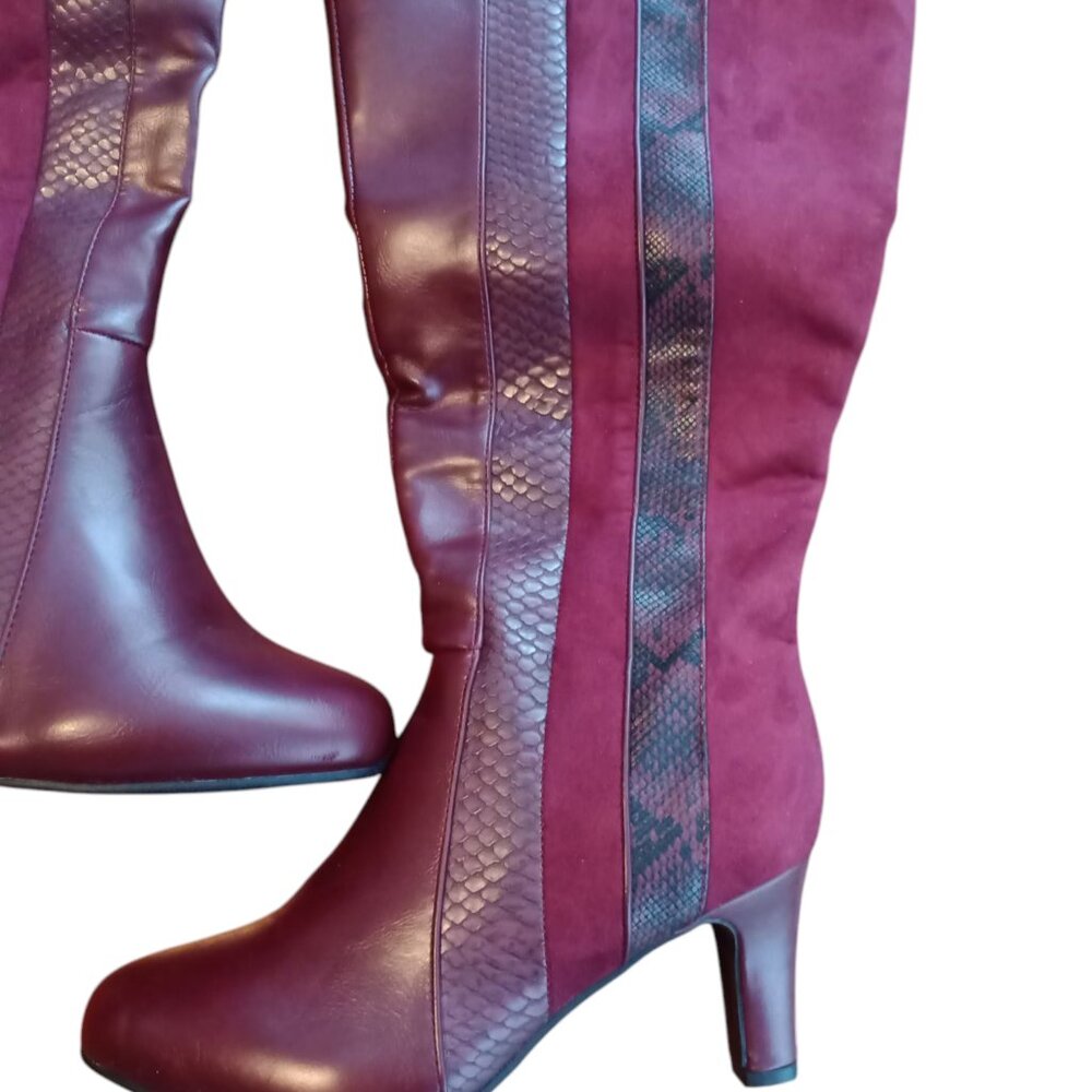 Beauty In Boots Ashley Stewart's 8W Red Wine Snake Print Boots